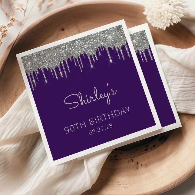 Purple Silver Glitter Drip 90th Birthday Party Napkin (Creator Uploaded)