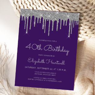 Purple Silver Glitter Drips 40th Birthday Party Postcard