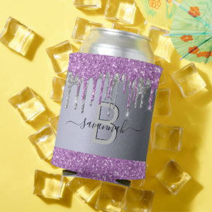 Purple silver glitter drips party monogram can cooler