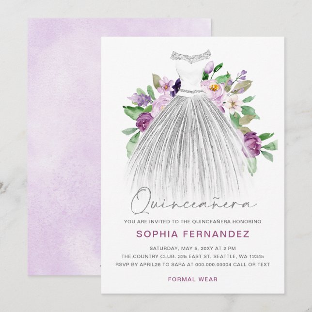 Purple Silver glitter Floral Dress Quinceañera Invitation (Front/Back)