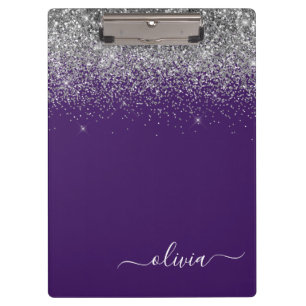 Purple Silver Glitter Girly Glam Monogram Clipboard