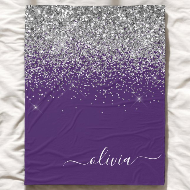 Purple Silver Glitter Girly Glam Monogram  Fleece Blanket (Creator Uploaded)