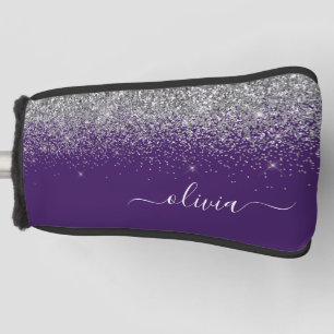 Purple Silver Glitter Girly Glam Monogram Golf Head Cover