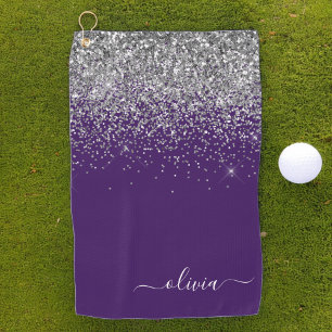 Purple Silver Glitter Girly Glam Monogram  Golf Towel