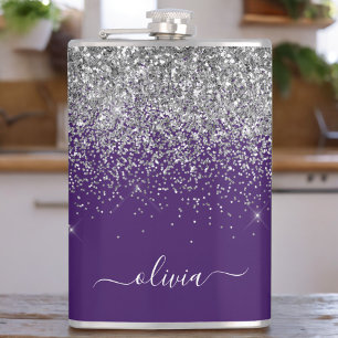 Purple Silver Glitter Girly Glam Monogram  Hip Flask