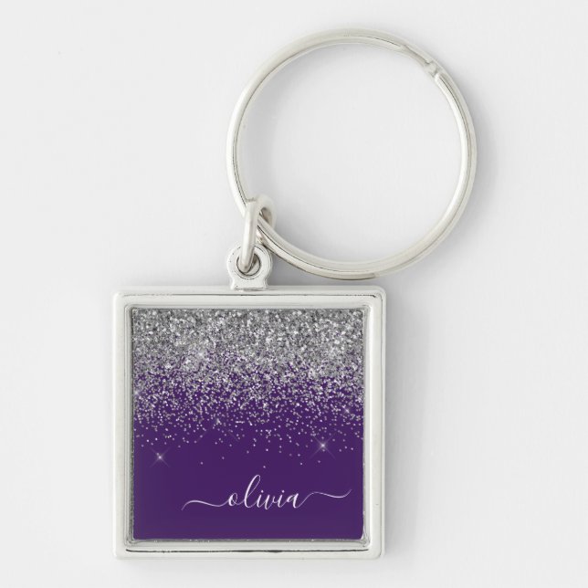 Purple Silver Glitter Girly Glam Monogram  Key Ring (Front)