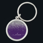 Purple Silver Glitter Girly Glam Monogram  Key Ring<br><div class="desc">Silver and Purple Sparkle Glitter Script Monogram Name Keychains (Key Chain). This makes the perfect sweet 16 birthday,  wedding,  bridal shower,  anniversary,  baby shower or bachelorette party gift for someone that loves glam luxury and chic styles.</div>