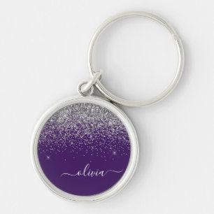 Purple Silver Glitter Girly Glam Monogram  Key Ring