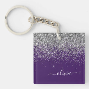 Purple Silver Glitter Girly Glam Monogram  Key Ring