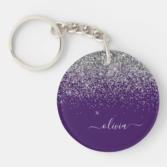 Purple Silver Glitter Girly Glam Monogram  Key Ring (Front)