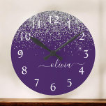 Purple Silver Glitter Girly Glam Monogram  Large Clock<br><div class="desc">Purple and Silver Sparkle Glitter Brushed Script Monogram Name Clock. This makes the perfect sweet 16 birthday,  wedding,  bridal shower,  anniversary,  baby shower or bachelorette party gift for someone that loves glam luxury and chic styles.</div>