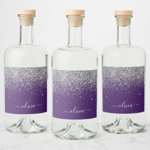 Purple Silver Glitter Girly Glam Monogram Liquor Bottle Label