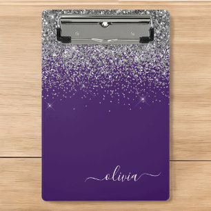 Purple Silver Glitter Girly Glam Monogram Mini Clipboard