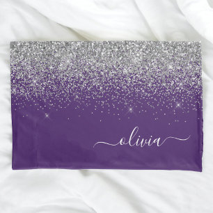 Purple Silver Glitter Girly Glam Monogram  Pillowcase