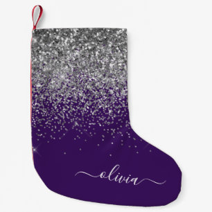Purple Silver Glitter Girly Glam Monogram  Small Christmas Stocking