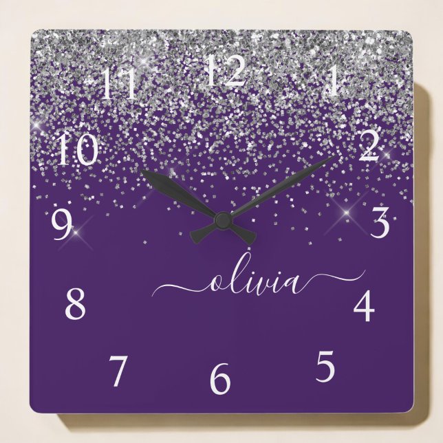 Purple Silver Glitter Girly Glam Monogram  Square Wall Clock (Creator Uploaded)
