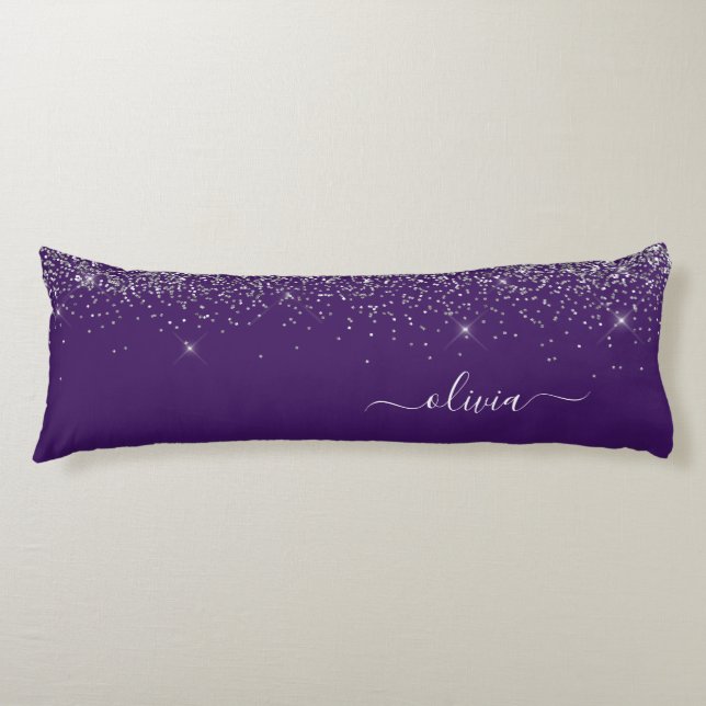 Purple Silver Glitter Girly Monogram Name Body Cushion (Front)