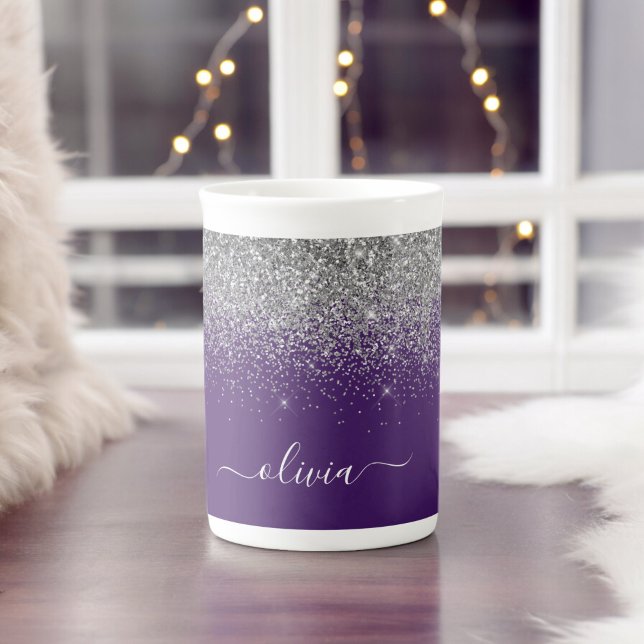 Purple Silver Glitter Girly Monogram Name Bone China Mug (Creator Uploaded)