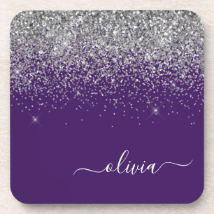 Purple Silver Glitter Girly Monogram Name Coaster