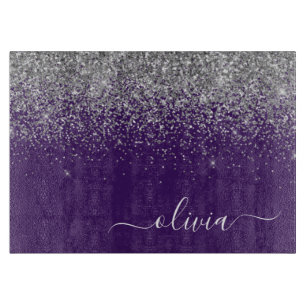 Purple Silver Glitter Girly Monogram Name Cutting Board