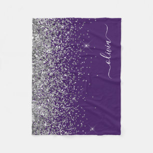 Purple Silver Glitter Girly Monogram Name Fleece Blanket