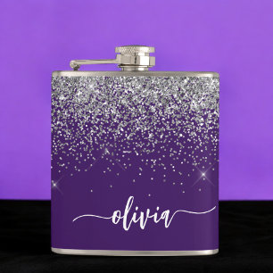 Purple Silver Glitter Girly Monogram Name Hip Flask
