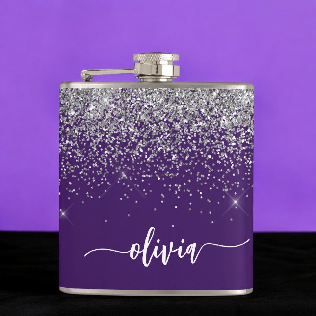 Purple Silver Glitter Girly Monogram Name Hip Flask (Creator Uploaded)