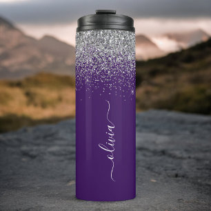 Purple Silver Glitter Girly Monogram Name Thermal Tumbler