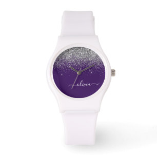 Purple Silver Glitter Girly Monogram Name Watch