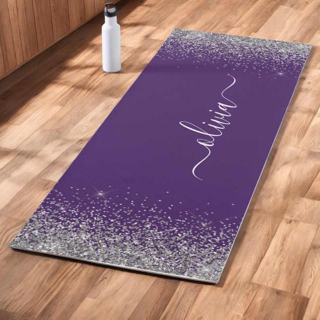 Purple Silver Glitter Girly Monogram Name Yoga Mat (Creator Uploaded)