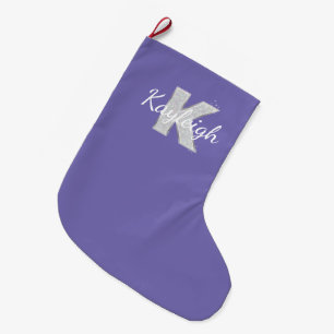 Purple Silver Glitter letter K Large Christmas Stocking