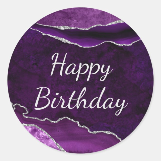 Purple & Silver Glitter Marble Agate Birthday Classic Round Sticker (Front)