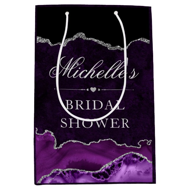 Purple Silver Glitter Marble Agate Bridal Shower Medium Gift Bag (Front)