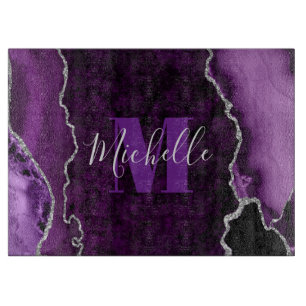 Purple & Silver Glitter Marble Agate Monogram Cutting Board