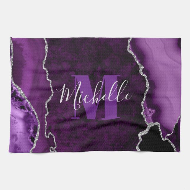 Purple & Silver Glitter Marble Agate Monogram Tea Towel (Horizontal)