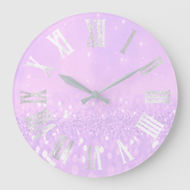 Purple Silver Glitter Metallic Roman Numers Large Clock (Front)