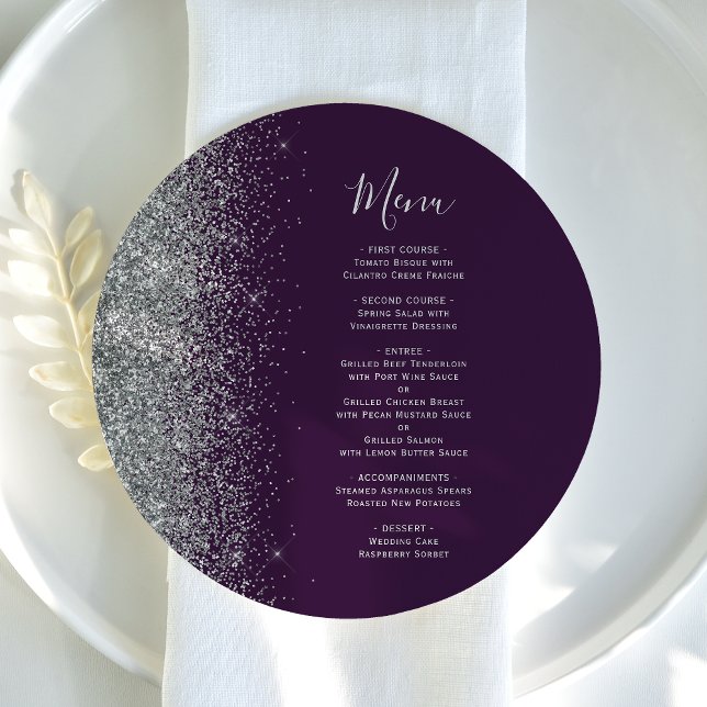 Purple Silver Glitter Round Plate Wedding Menu (Creator Uploaded)