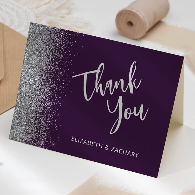 Purple Silver Glitter Script Wedding Thank You Card (Creator Uploaded)