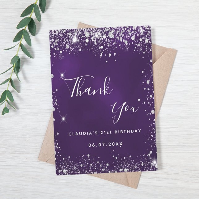 Purple silver glitter sparkle elegant thank you card (Creator Uploaded)