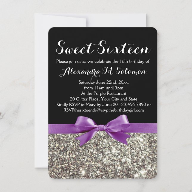Purple Silver Glitter Sweet 16 Party Invitation (Front)