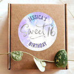 Purple Silver Glitter Sweet 16 Watercolor Birthday Classic Round Sticker<br><div class="desc">“Happy Sweet 16”. Celebrate her birthday with this stunning, simple, festive, personalised round sticker. Sparkly faux silver glitter tiny confetti dots and faux silver foil handwritten script, along with dark purple modern type, overlay a soft purple watercolor background. Personalise the custom text with your daughter’s name. Great for the budding...</div>