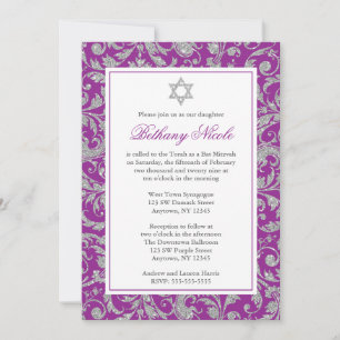 Purple Silver Glitter Swirl Damask Bat Mitzvah Invitation