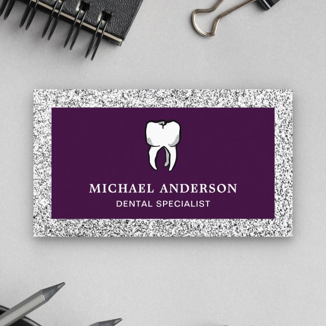 Purple Silver Glitter Tooth Dental Clinic Dentist Business Card (Creator Uploaded)
