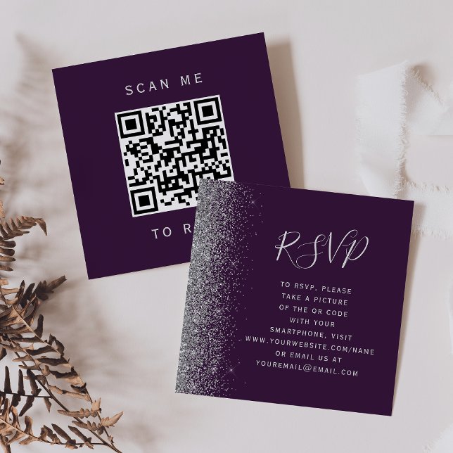 Purple Silver Glitter Wedding QR Code RSVP Enclosure Card (Creator Uploaded)