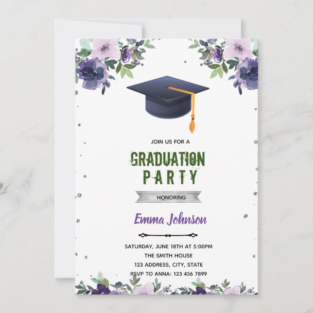 Purple silver graduation theme invitation (Front)