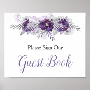 Purple Silver Gray Floral Guest Book Sign