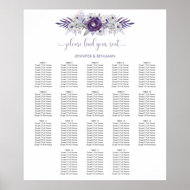 Purple Silver Gray Watercolor Floral Seating Chart (Front)