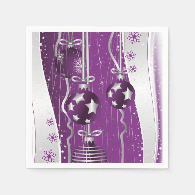 Purple, silver grey Christmas balls and snowflakes Napkin (Front)