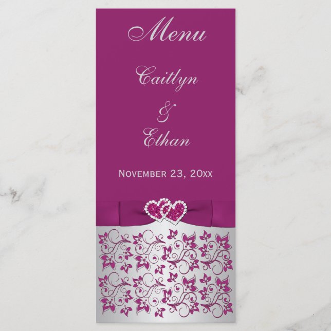 Purple, Silver Grey Floral, Hearts Menu Card (Front)