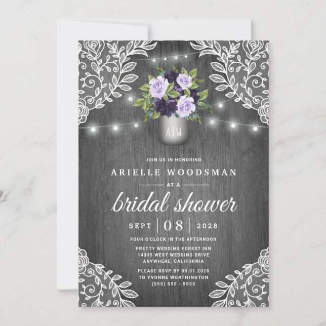 Purple Silver Grey Floral Rustic Bridal Shower Invitation (Front)